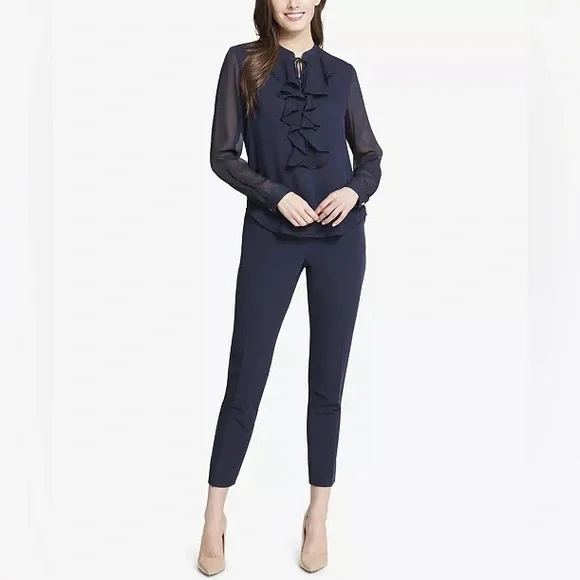 TOMMY HILFIGER Women's Classic Long Sleeve Ruffle Front Blouse Blouse - Midnight - Picture 3 of 11